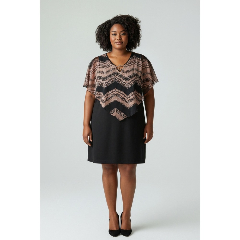 Enfocus Women Black Pink Chevron Lace Print Layered Sheath‎ Dress 16W 961010
